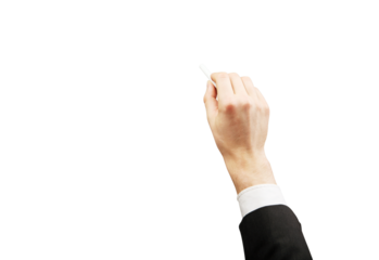 A hand in a business suit holding a piece of chalk in a writing position. Isolated on a white background. Concept of education or presentation