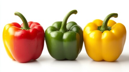 A fresh crisp bell pepper trio in red, yellow, and green with their shiny
