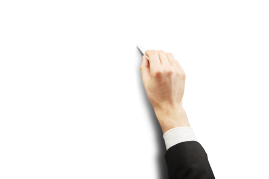 Closeup of a hand holding chalk, writing on an empty white background. Isolated, minimalistic style. Concept of education, teaching, or business