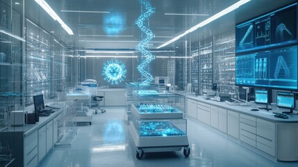 Modern Laboratory with DNA and Virus Holograms.