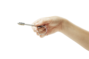 A person’s hand holding a metal key attached to a keyring, isolated on a white background. Ideal for concepts like home buying, renting, or mortgages