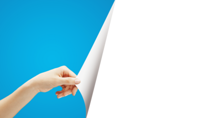 A hand peeling back a white page to reveal blue underneath, on a blue and white background. Concept of revealing hidden content or change