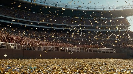 Soccer championship win celebration at stadium arena with tinsel and confetti