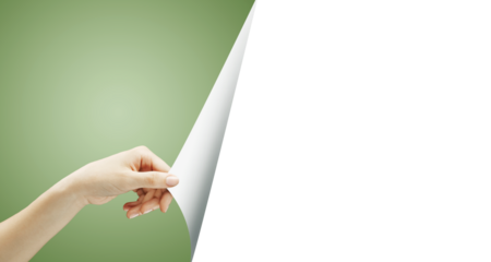 A hand pulling back a green page to uncover a blank white space, isolated on a green background. Represents a concept of unveiling or revealing something