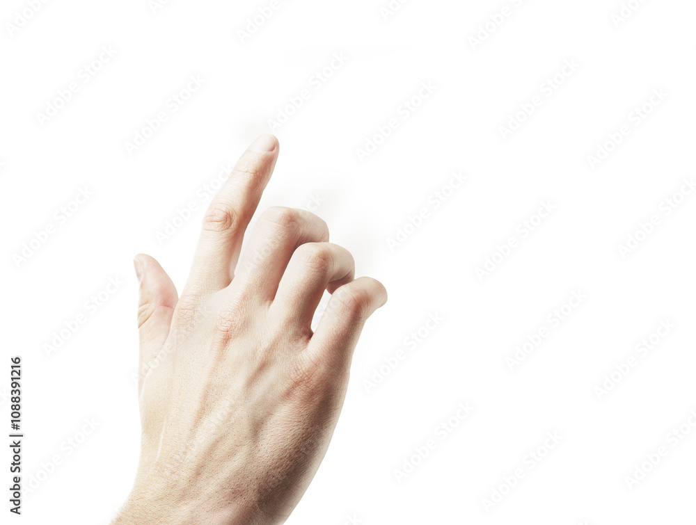 Fototapete A human hand with fingers extended, pointing upward. The image is isolated with a white background, showing a concept of touch or push action