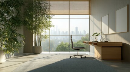 Fototapeta premium Minimalist Home Office with City View.