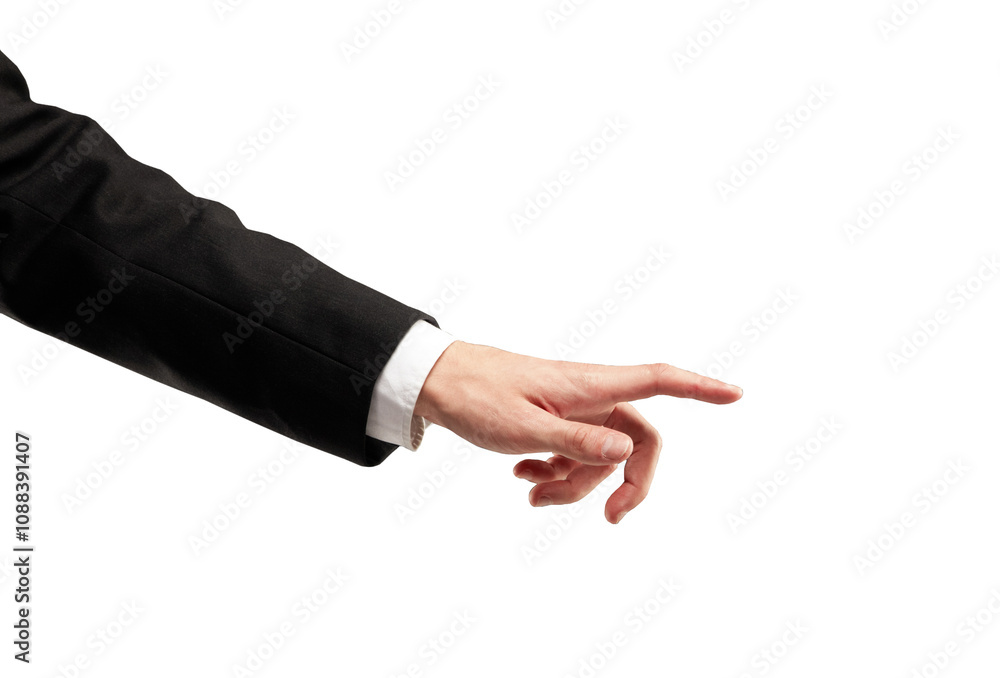 Poster closeup of a hand in a business suit pointing on a white background. isolated, minimalistic style. c