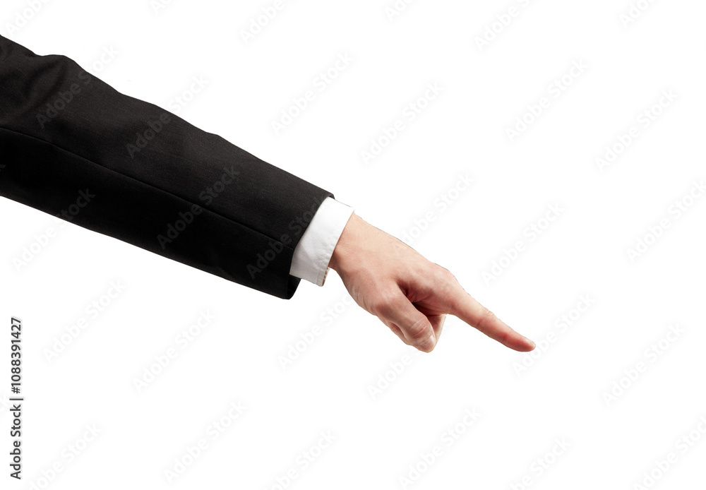 Aufkleber Closeup of a hand in asuit pointing with the index finger. Isolated on a clean white background. Concept of direction, business, or focus