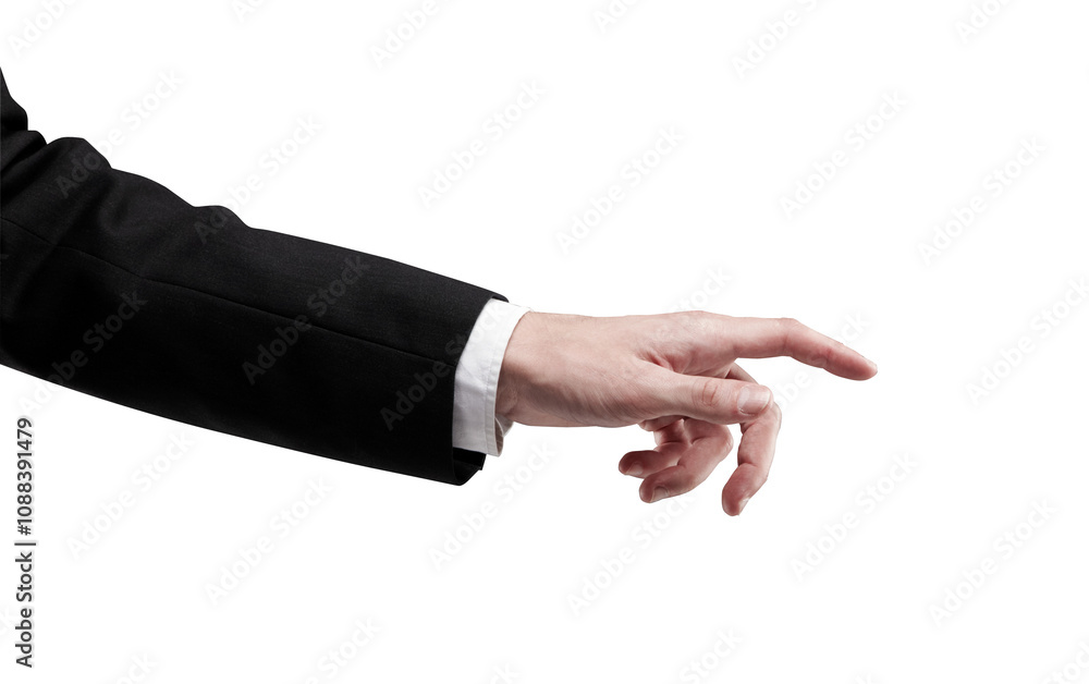 Poster Close-up shot of a hand in a suit making a pointing or reaching gesture. Photographed against a white background. Concept of decision-making or direction