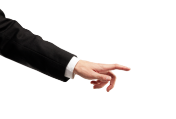Closeup of a hand in a business suit pointing on a white background. Isolated, minimalistic style. Concept of direction, gesture, or interaction