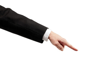 Closeup of a hand in asuit pointing with the index finger. Isolated on a clean white background....