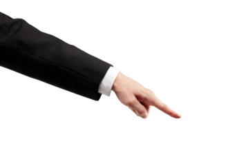 Closeup of a hand in asuit pointing with the index finger. Isolated on a clean white background. Concept of direction, business, or focus
