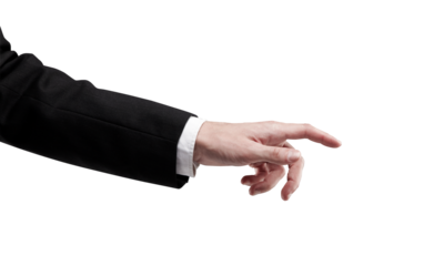 Close-up shot of a hand in a suit making a pointing or reaching gesture. Photographed against a white background. Concept of decision-making or direction