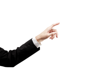 A businessman's hand in a suit jacket pointing forward, isolated on a white background. Concept of direction, gesture, or interaction in business