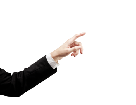 A businessman's hand in a suit jacket pointing forward, isolated on a white background. Concept of direction, gesture, or interaction in business