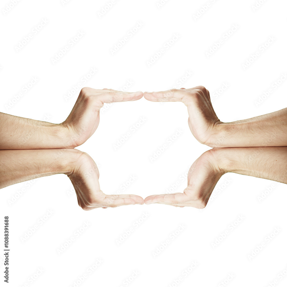 Aufkleber Two hands forming a rectangular frame with palms facing downwards, reflected on a white background. Suitable for concepts related to framing or template design