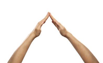 Image of two human hands coming together to form a roof-like shape on a white background. Concept of protection, safety, and home insurance