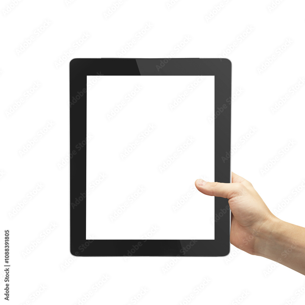 Poster A hand holding a blank tablet with an empty screen. The tablet is isolated on a clean white background. It can be used as a template or mockup for digital content
