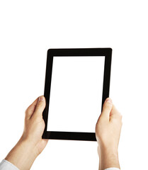 Hands holding a tablet with a blank white screen. The device is isolated on a clean white background. Concept for a digital device template or mockup