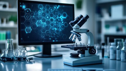 Modern Microscope and Computer in a Laboratory.
