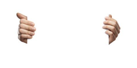 Two human hands holding the edges of a blank white surface, isolated on a clean white background. Concept for presentation, design, or advertising mockup