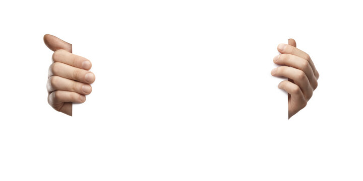 Two human hands holding the edges of a blank white surface, isolated on a clean white background. Concept for presentation, design, or advertising mockup