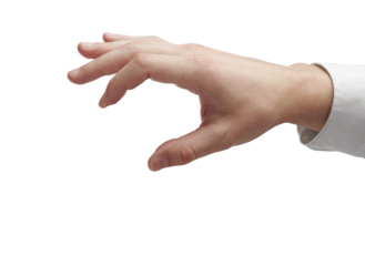 Close-up of a human hand making a grasping gesture with fingers slightly bent. Isolated on a white background. Concept of reaching, holding