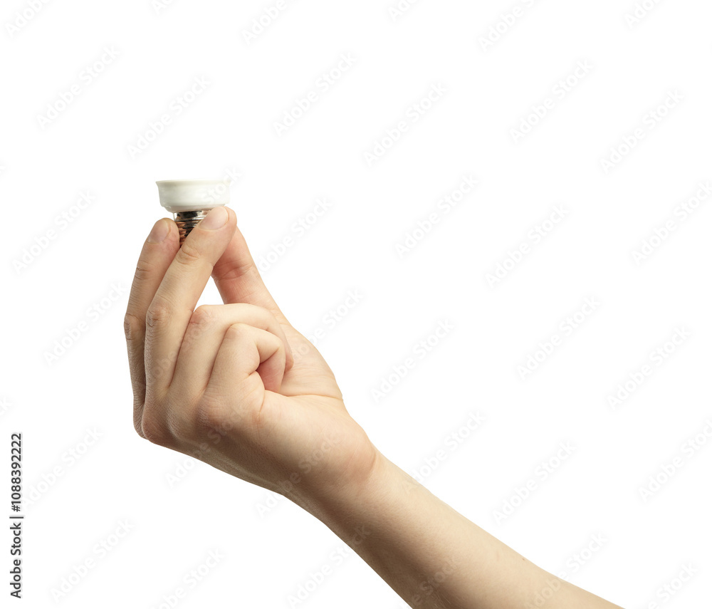 Fototapete a closeup image of a hand holding a small lightbulb, isolated on a white background. a clean design 