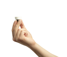 A closeup image of a hand holding a small lightbulb, isolated on a white background. A clean design template for product mockup or lighting concepts