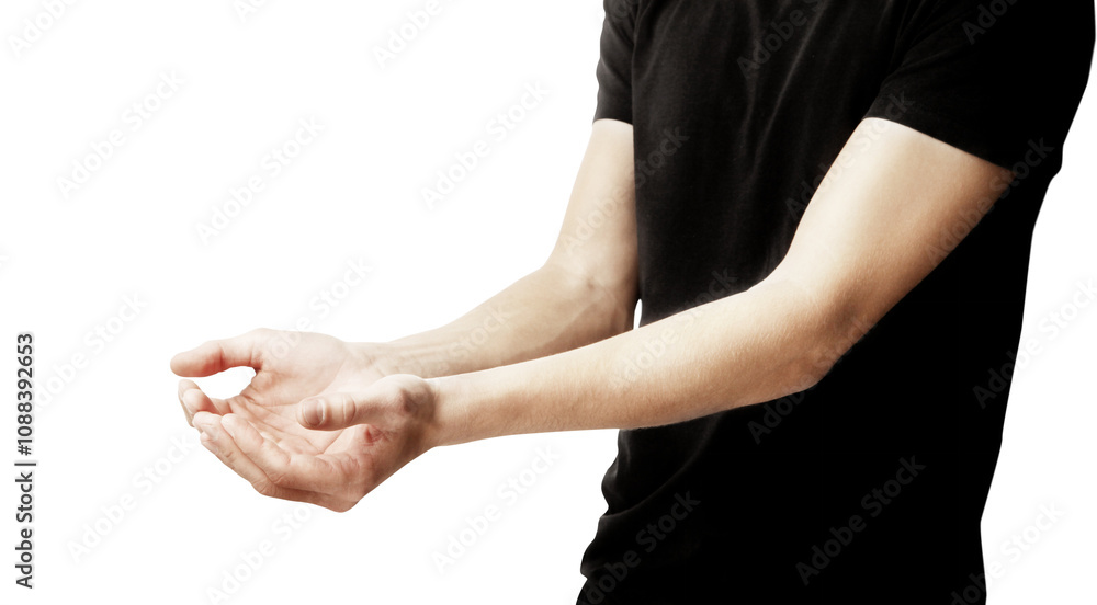 Aufkleber close-up of a person in ashirt extending their hands in an offering gesture. isolated on a plain whi