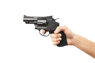 A closeup of a hand holding a revolver firearm, isolated against a white background. Clean and sharp focus, showing the gun and grip in detail