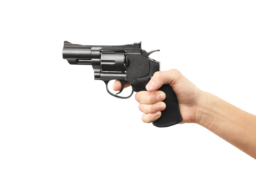 A closeup of a hand holding a revolver firearm, isolated against a white background. Clean and sharp focus, showing the gun and grip in detail