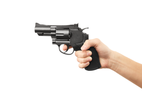 A closeup of a hand holding a revolver firearm, isolated against a white background. Clean and sharp focus, showing the gun and grip in detail