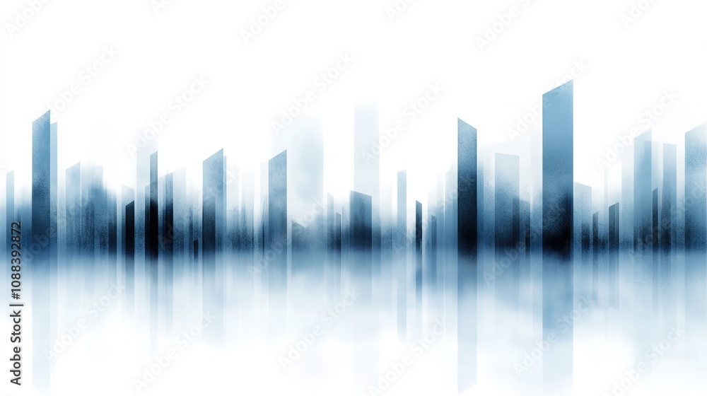 Poster abstract urban landscape with tall structures in fog, modern architecture elements in a serene blue 