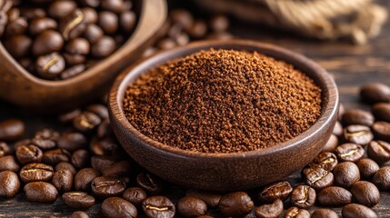 Coarsely ground coffee beans placed near roasted coffee beans white background