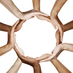 Multiple hands arranged in a circular shape, symbolizing unity and teamwork. Isolated on a clean white background. Concept of cooperation and diversity