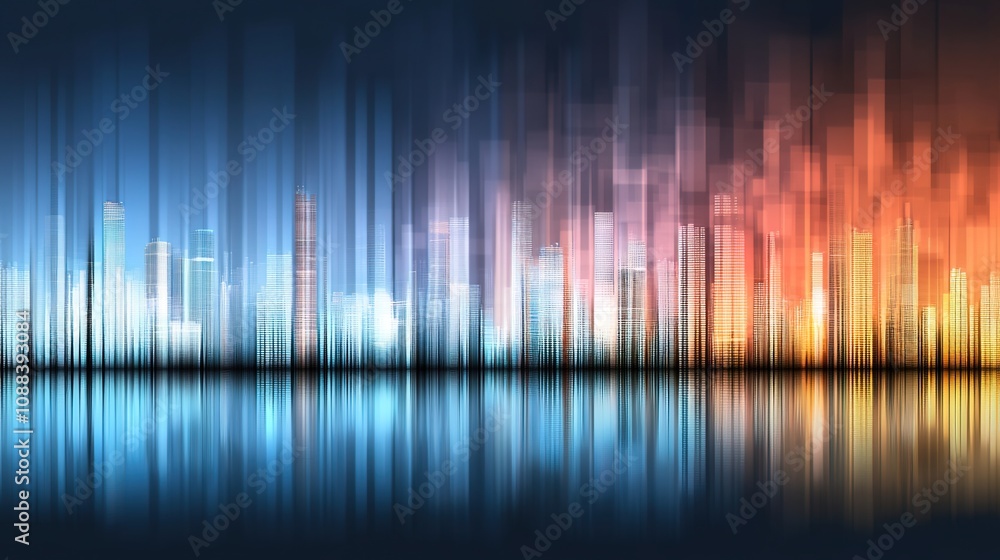 Poster abstract city skyline with vibrant colors and reflections, blending urban elements and artistic moti