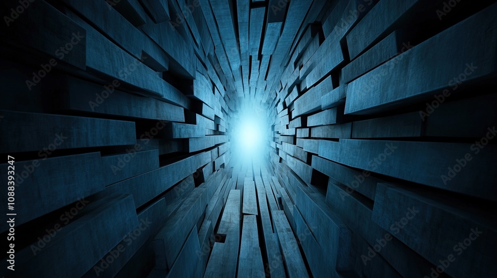 Poster abstract perspective view of a dark, geometric corridor made of concrete blocks leading toward a bri