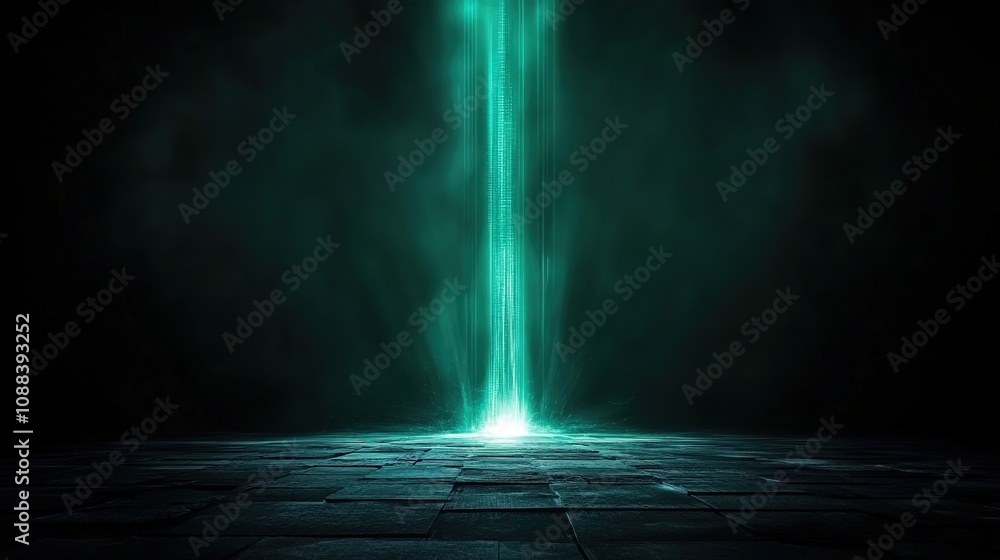 Poster illuminating vertical stream of light in a dark environment, manifesting ethereal energy and creatin