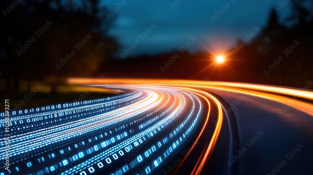 Aufkleber dynamic night scene with long exposure lights creating vibrant trails and binary code, representing 