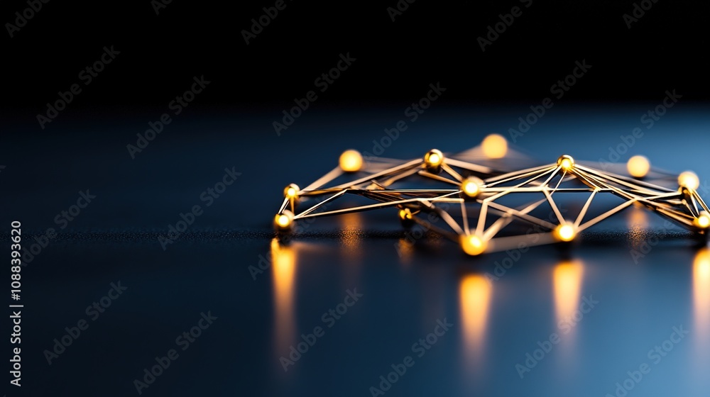 Poster abstract representation of a glowing geometric network with nodes, showcasing connectivity and techn