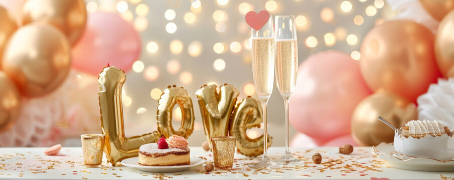 Anniversary celebration with gold balloons romantic dinner table cozy atmosphere captivating view love and joy - Powered by Adobe