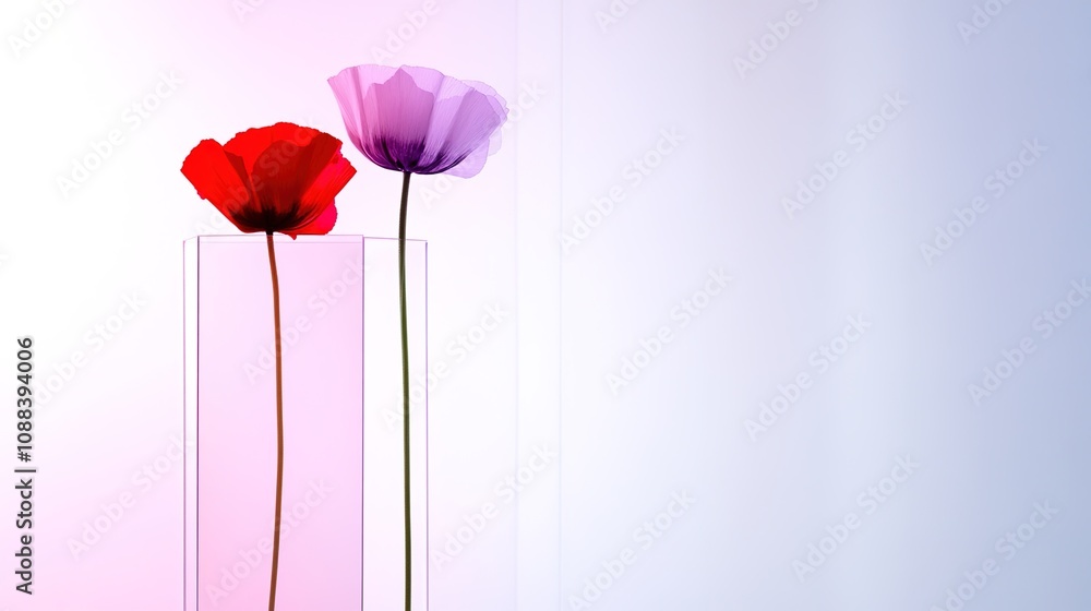 Aufkleber elegant display of red and purple poppy flowers in a minimalist vase on a soft gradient background f