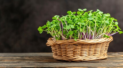Fototapeta premium A woven basket filled with vibrant green microgreens sits on a rustic wooden surface, showcasing fresh and healthy produce against a dark background.