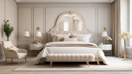 The inside of a chic hotel bedroom, complete with bed and décor. mockup