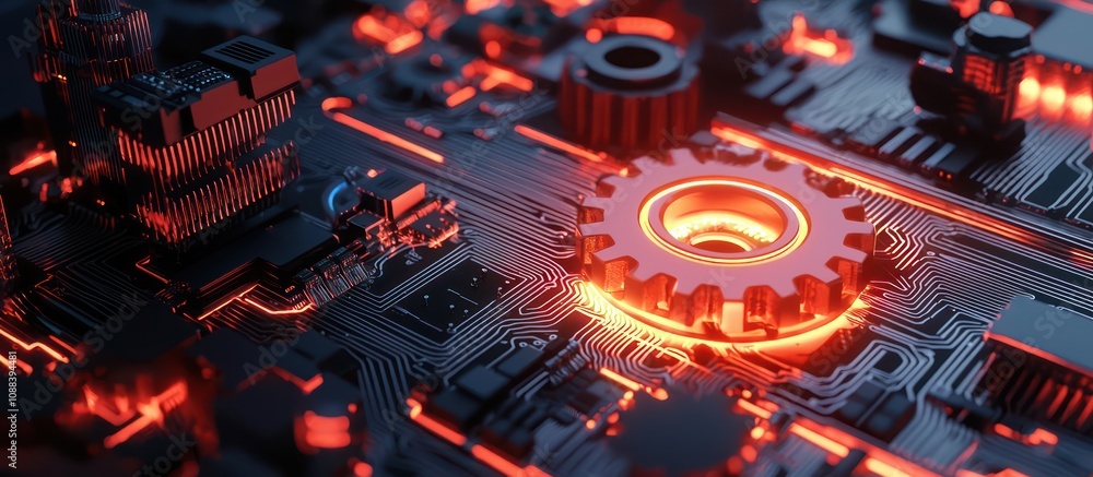 Poster advanced manufacturing depicted through gears and circuits in 3d.