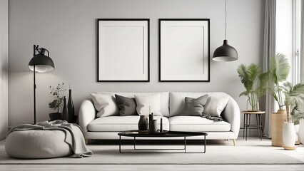 mockup poster frame in living room, Scandinavian style, contemporary monochrome interior background, 3D render, 3D