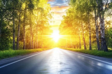 Obraz premium Sunset scene with black asphalt road and white dividing lines illuminated by the fading light.