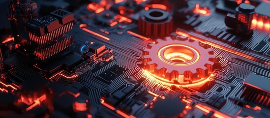 Obraz premium Advanced manufacturing depicted through gears and circuits in 3D.