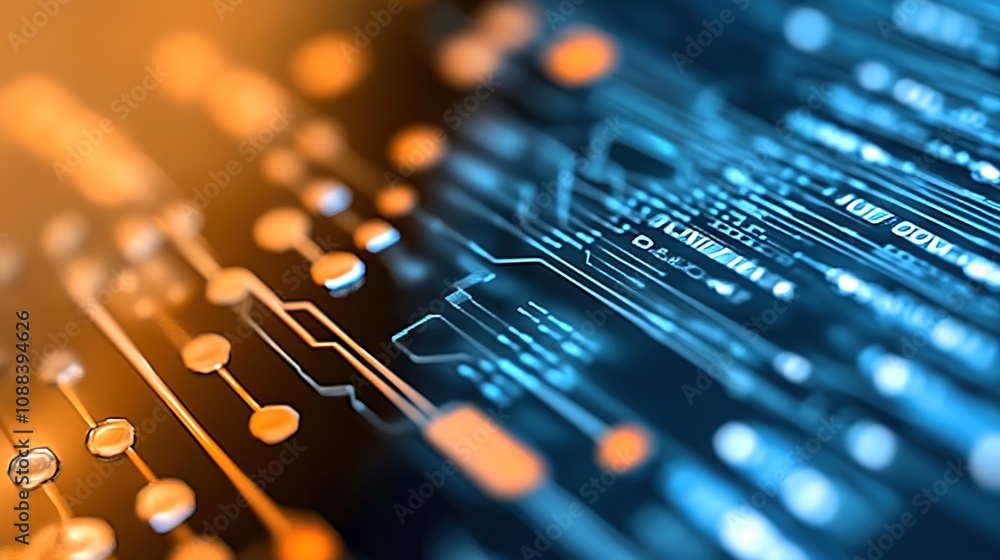 Poster detailed abstract background of a technological circuit board with glowing elements, visually illust